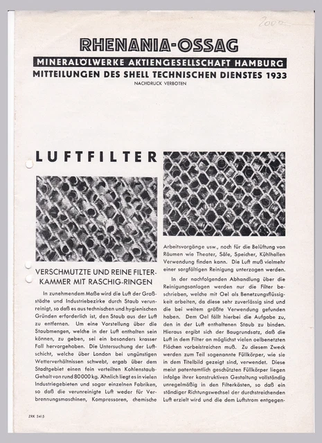 Mitteilungen Shell Technischer Dienst Rhenania-Ossag Hamburg 1933 Luftfilter