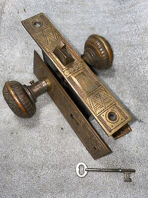 Antique Corbin Brass Bronze Door Knob Lock set, Backplate And Rosette