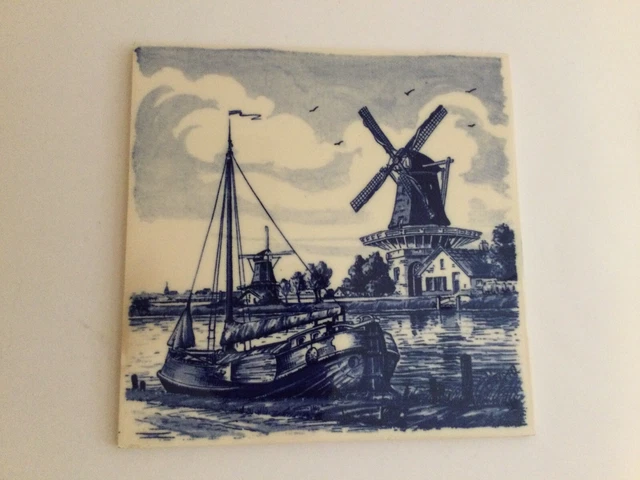 Vintage Delft Tile Blue & White Holland Dutch Sail Boat windmill cottage river