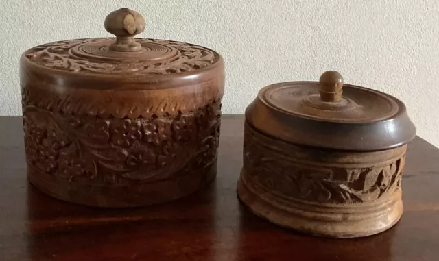 Lovely  Pair Of Round Wooden Carved Containers