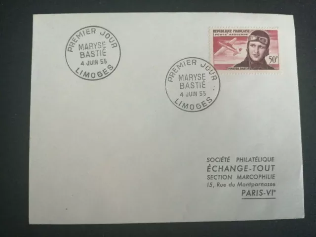 France Premier Jour Fdc Yvert Poste Aerienne 34 Bastie Aviation 50F Limoges 1955