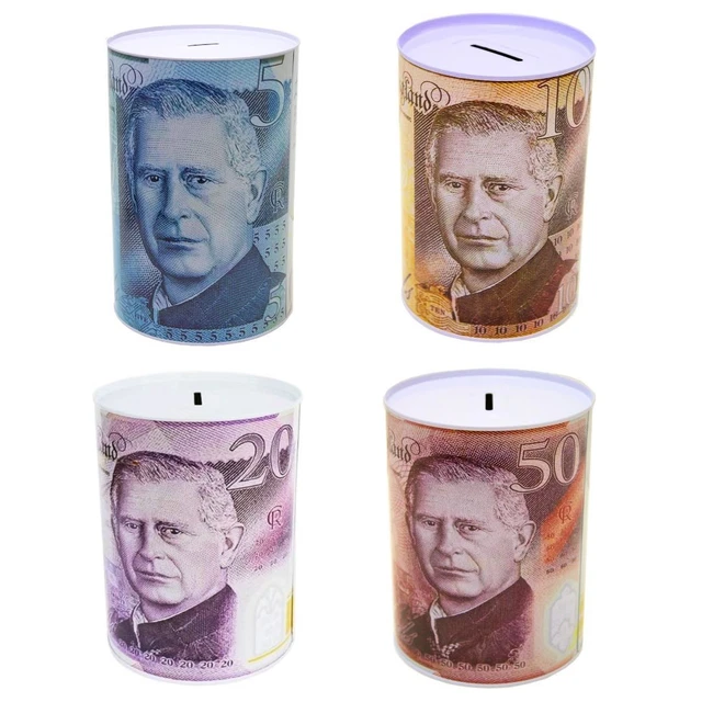 Large Money Box Tin £5 £10 £20 Pound Note Design Kids Saving