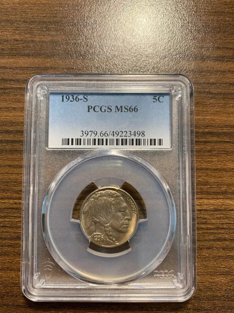 1936-S Buffalo Nickel 5C PCGS MINT STATE 66 MS 66 Type 2, "FIVE CENTS" In Recess