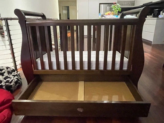 boori convertable sleigh cot/bed with 2 mattress's, ensemble drawer and chest of