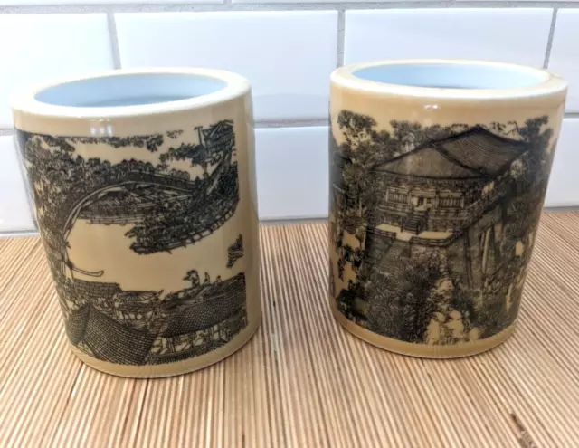 Chinese Brush Pot Qingming Festival Cityscape Set of 2 Jingdezhen Porcelain