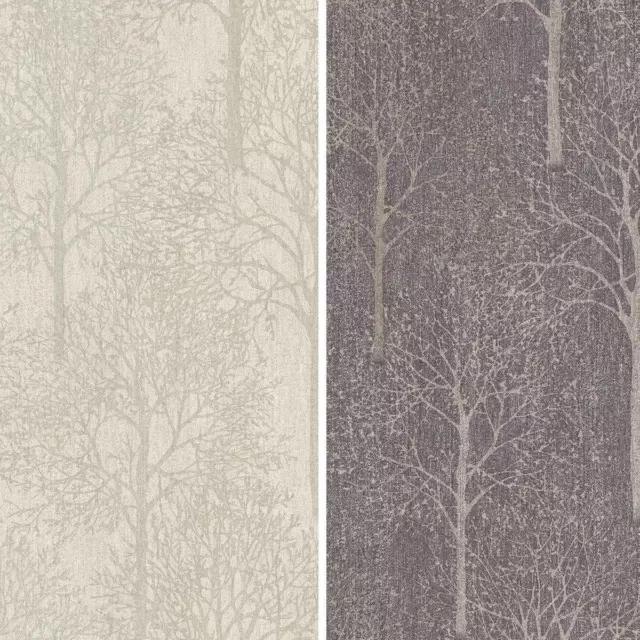 Grandeco Fabric Tree Purple Taupe Wallpaper Grey Textured Glitter Vinyl