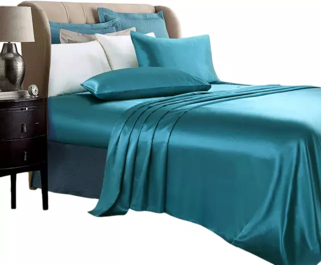 Silky Super Soft 4 Piece Deep Pocket Satin Sheet Set, King Size Teal