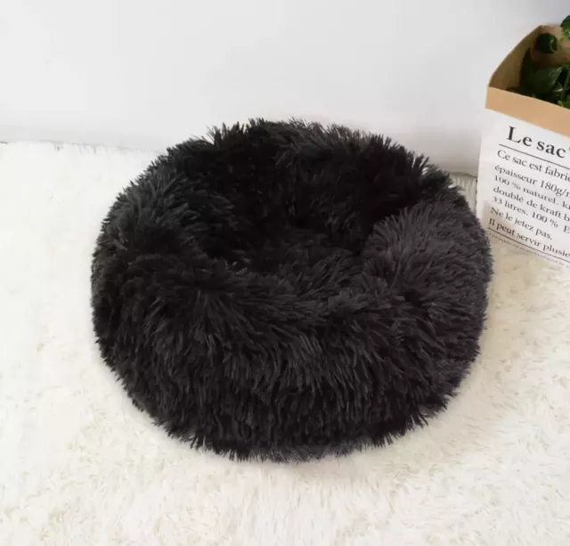 Coussin En Peluche Rond Pour Chat Chien Soyeux Doux Neuf Noir Lit Velours Chaton 3