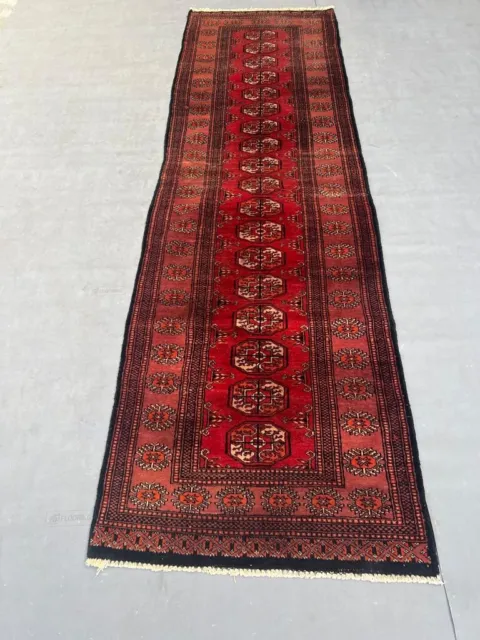 Hermosa alfombra vintage hecha a mano de lana pura uzbeka Bokhara para correr 262x82 cm