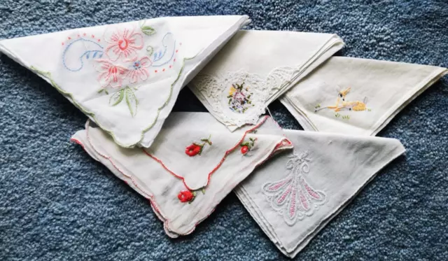 x5 Vintage Floral Embroidered Ladies Hankies Cotton Handkerchiefs