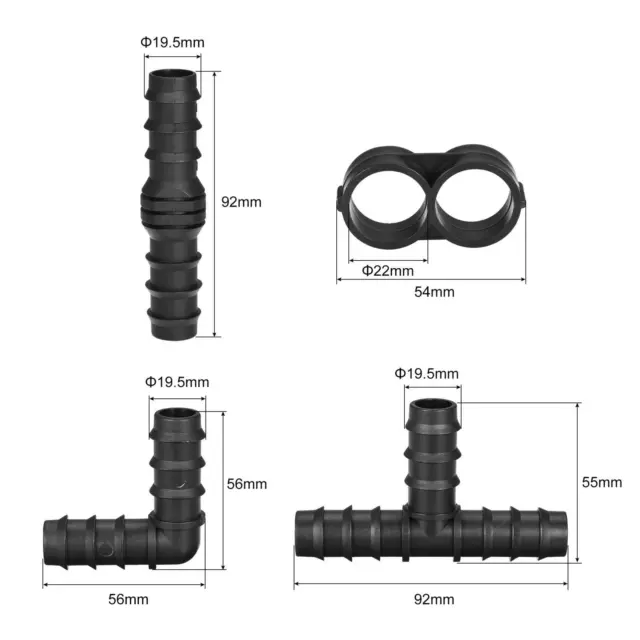 Irrigation Fittings Kit 19.5mm Barbed 10 Straight 10 Tee 10 Elbows 10 Stoppers 3