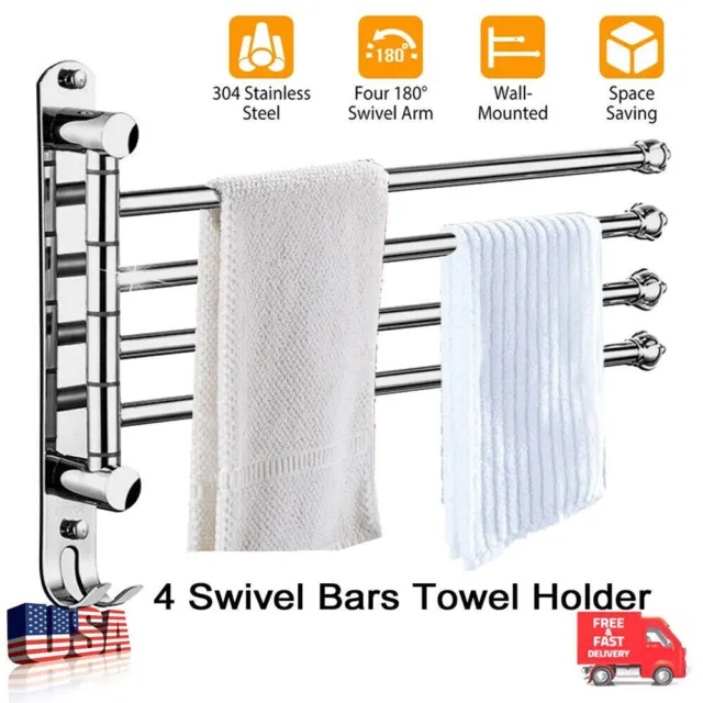 Bathroom Towel Rail Rack Holder 4 Swivel Bar Wall Hanger Shelf Stainless Steel