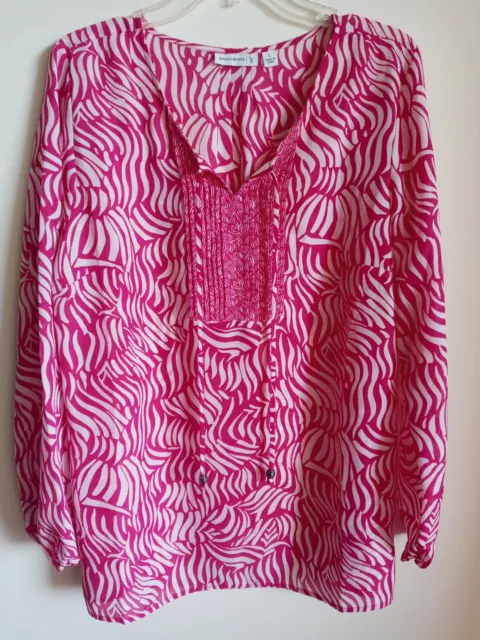 Susan Graver Woman L Pink White Semi Sheer Polyester Beaded Tie Long Sleeve Top