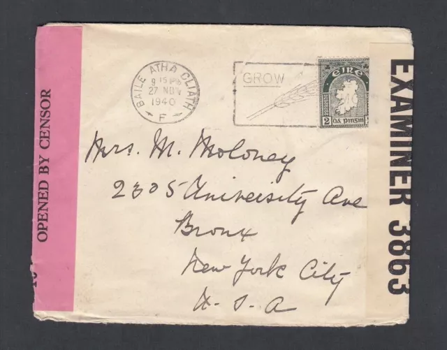 Ireland 1940 Wwii Twice Censored Cover Dublin To Bronx New York