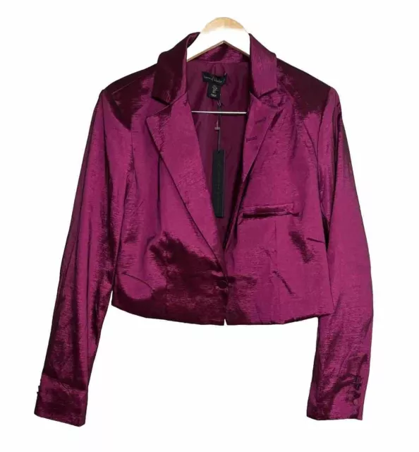 HOUSE OF HARLOW women's blazer one button satin magenta sz L cropped lapel neck