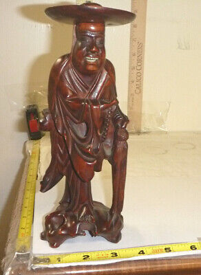 Vtg Hand-Carved Wood Chinese Old Wise Man - Wide Brim Hat Statue/Figurine ~8"H