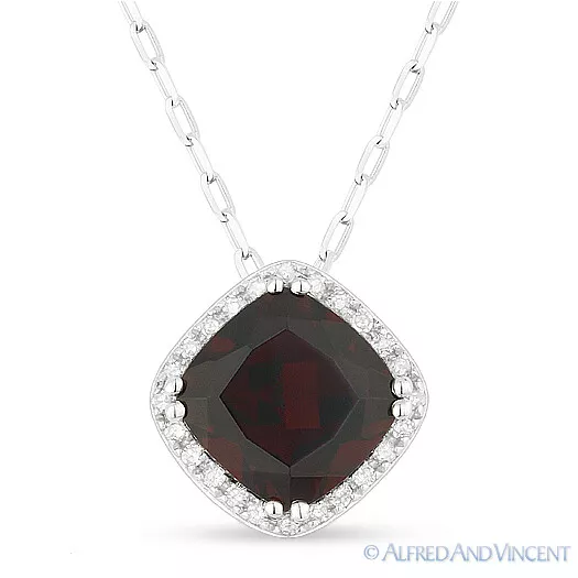 2.07ct Cushion Cut Garnet Round Cut Diamond Halo Pendant Necklace 14k White Gold