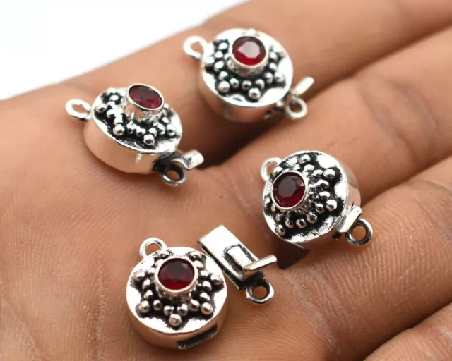 2 Pcs Round Red Garnet 1 Strand Box Clasp Antique Silver Plated