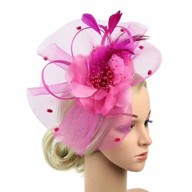 Women Fascinator Feather Headwear Tea Party Wedding Hat Mesh Flower Hair Clip