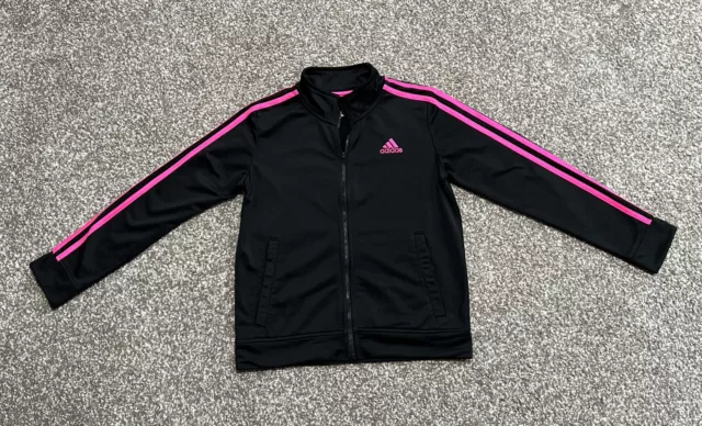 ADIDAS Size L (12/14) Black Pink Stripe Track Jacket Full Zip Athletic Youth