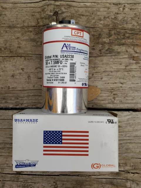 AmRad USA2238 Round Run Capacitor 50+7.5 uF MFD 370 / 440 Volt Made in USA