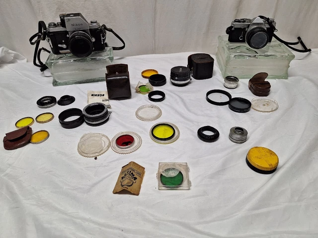 Lot of 2 Camera Cameras- Nikon F + Olympus OM-1n & Loaded w/ Extras -  AS-IS
