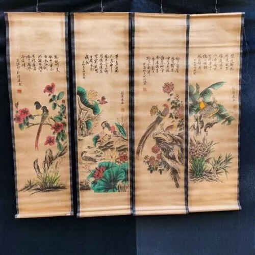 Old Chinese Four screens calligraphy painting scroll "flower bird"