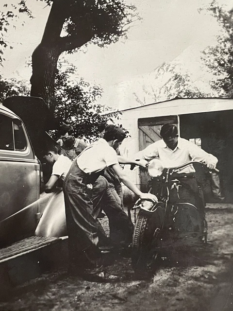 Vintage Photograph Cute Young Men Starting Motorcycle Wearing Overalls 1940s