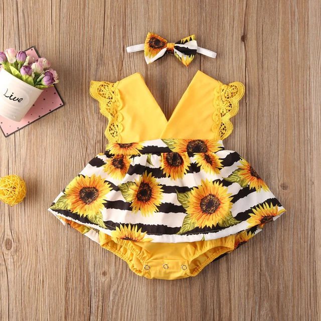 Newborn Infant Baby Girl Clothes Sunflower Romper Jumpsuit Headband Outfits Sets