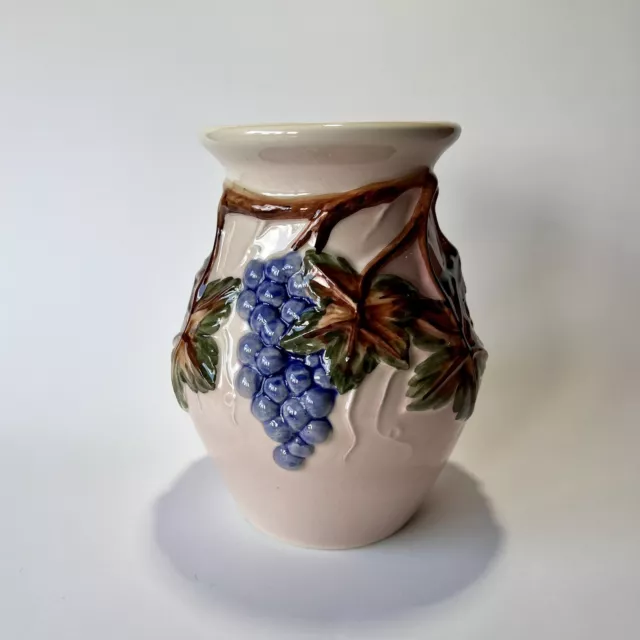 Diana Pottery Australia Hand made Vase Soft Pink, Embossed Grapes And Leaves.