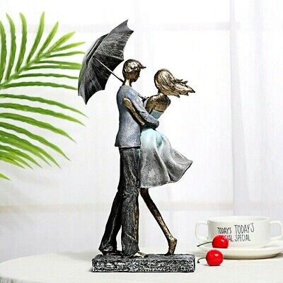 Metal Umbrella Couple Statue Sculpture Figurine Tabletop Home Office Decoration