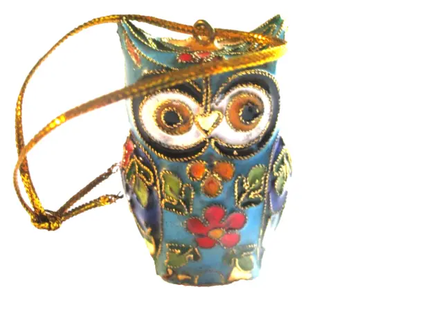 Vintage Cloisonné Double Sided Owl Ornament Figurine Enamel Glass 2”