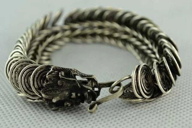 Old Chinese Tibet silver Handmade twist-style Dragon Bracele