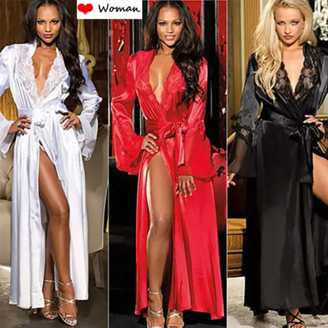 Women's Satin Nightdress Lady Robe Long Dress Gown Sexy Lingerie Lace Nightwear