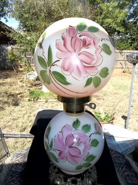 Hand Painted Gone With The Wind Parlor Lamp With Pink Flowers 22" Tall