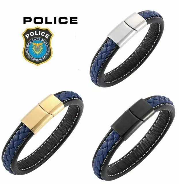 Police Dept Officer Thin Blue Line Leather Magnetic Steel Bracelet 8" 8.5" 9"