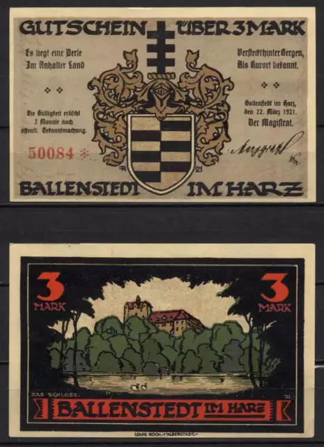 [15311] - Notgeld BALLENSTEDT am Harz, Stadt, 3 Mk,  22.03.1921, Grabowski/Mehl