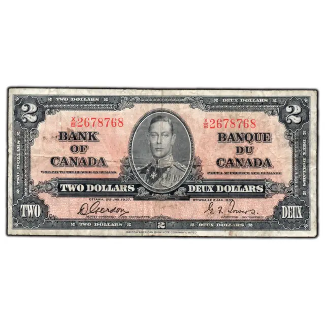 $2 1937 Bank of Canada Note Gordon-Towers X/B Prefix BC-22b