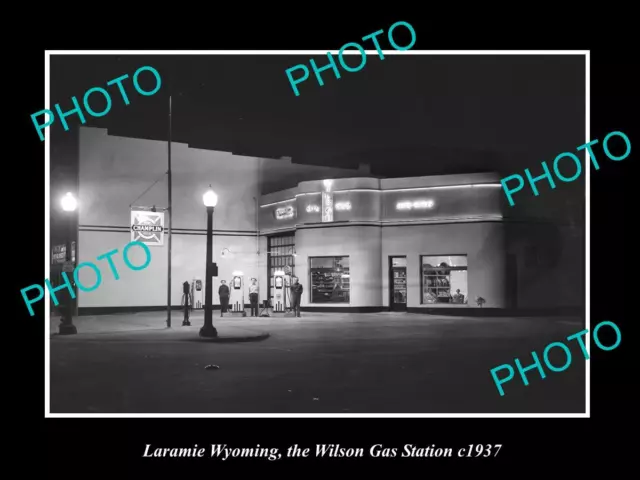 OLD LARGE HISTORIC PHOTO OF LARAMIE WYOMING THE WILSON GAS STATION c1937