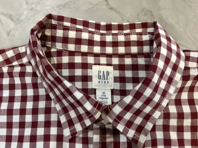 GAP kids boys size XL (12) maroon white check button up collared shirt, VGUC 2