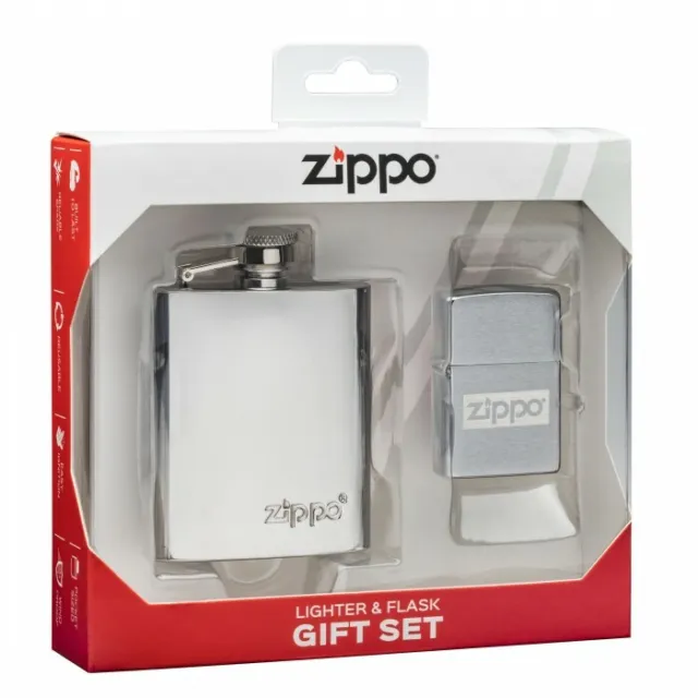 Zippo Brushed Chrome Lighter and Flask Set - 49358