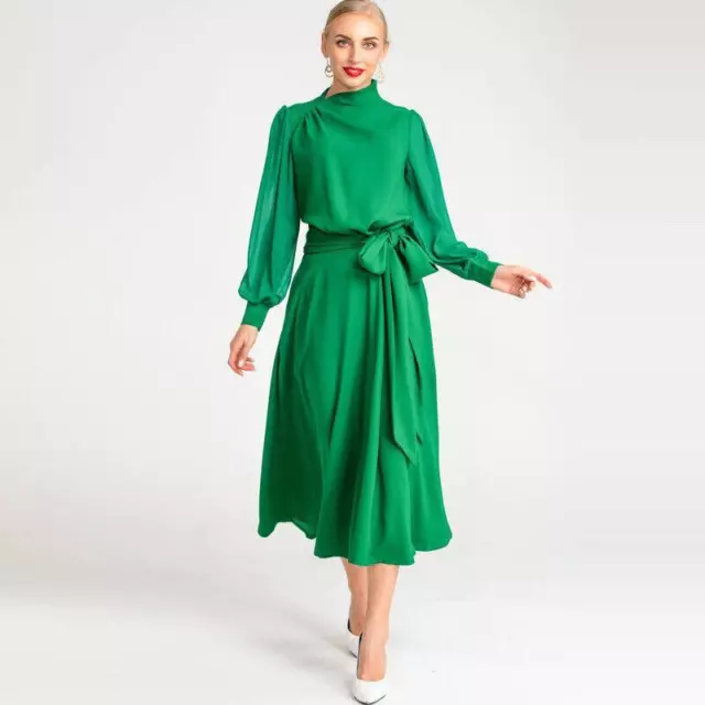 Occident Womens A-line Irregular Collar Long Sleeve High Waist Party Green Dress