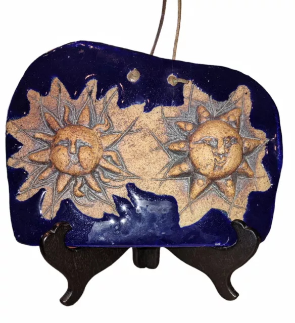 Handmade Folk Art Ceramic Plaque Sun and Moon Wall Sculpture Cobalt Blue Signed