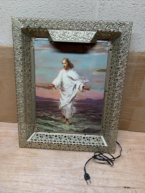VINTAGE LIGHTED JESUS Walking On Water 12x15 w/ Filagree Brass Picture ...