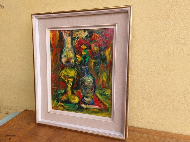 Vecchio Quadro Dipinto Ad Olio Natura Morta Vaso Fiori Lume Petrolioarte Moderna