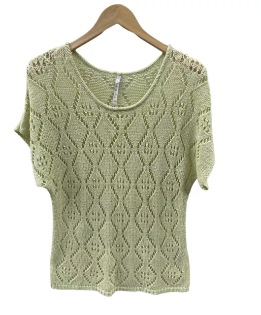 Leo & Nicole Women's Yellow Short Sleeve Sweater Top Knit Crochet Lace Boho Sz-L