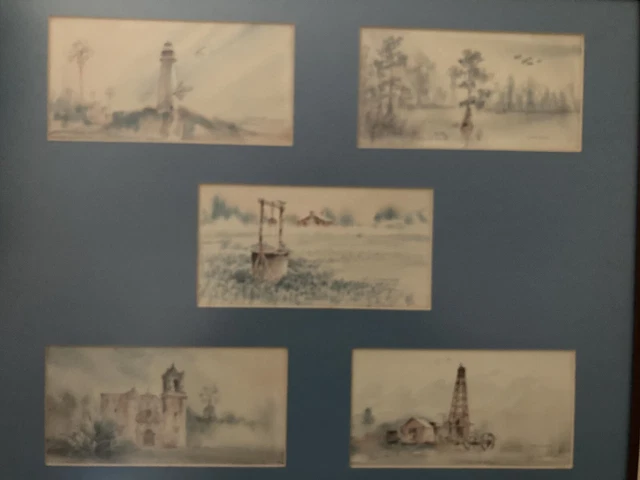 Norman Baxter 5 Matted Watercolors. Postcard Size. Mission San Jose, Swamp, Oil