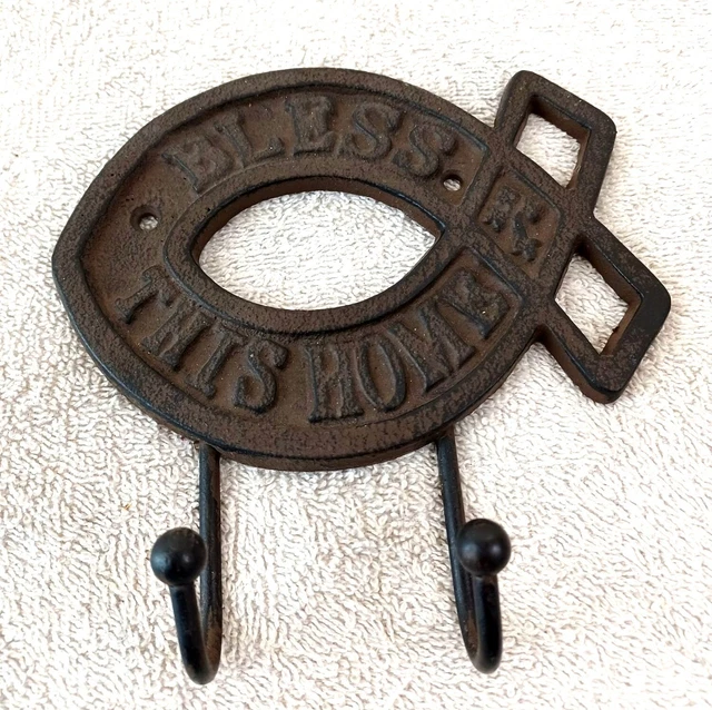 Vintage Antique 2 Hook Cat Coat Key Holder Cast Iron 6"x6" Bless This Home Fish
