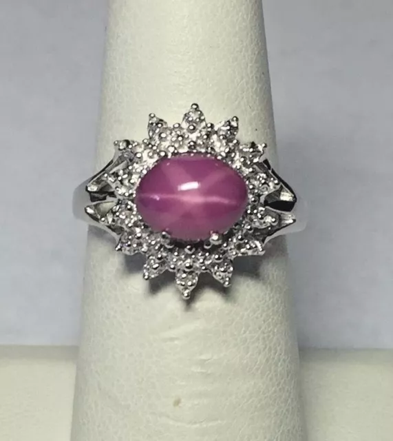 Sterling Silver 9x7mm Oval Cabochon-cut Created Star Ruby & Diamond Ladies Ring