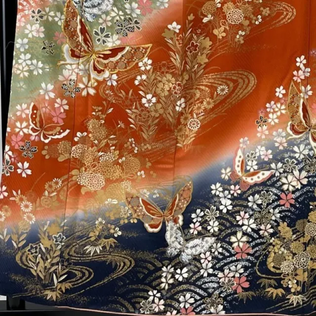 Japanese Kimono Furisode Pure Silk Butterfly Cherry Blossom Reddish Brown 2